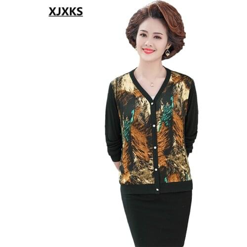 XJXKS Fashion V-neck Single-breasted Cardigan Women Sweater Sweater Fall 2021 New Loose Plus Size Printing Women Sweater Jacket