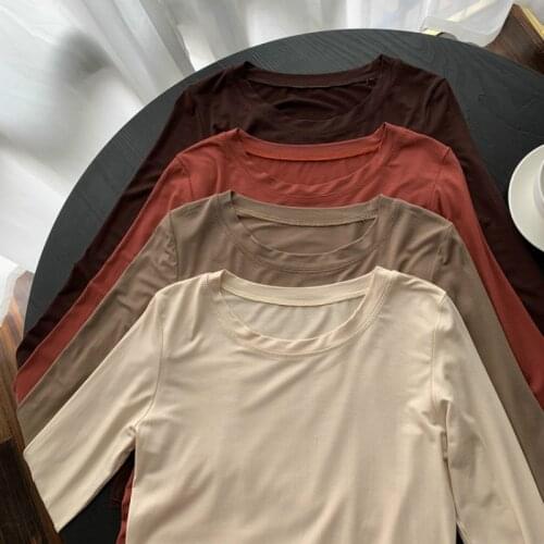 2020 Women Autumn Winter Long Sleeve Modal Basic T-shirt Elastic Slim Tshirt Round Collar Inner Wearing Pullover Tops