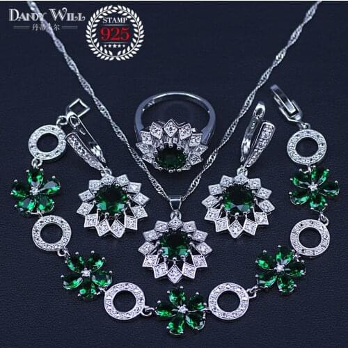 Silver Color Jewelry Sets For Women Green White Crystal Bracelet Earrings Necklace Pendant Rings Free Gift Box