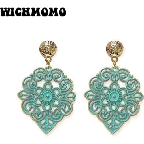 New Fashion 54mm Zinc Alloy Green Hollow Out Flower Pendant Ethnic Earrings for Womens Fashion Jewelry Gifts Date and Party