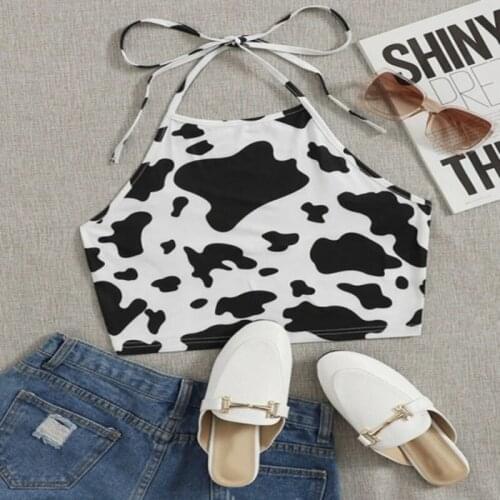 Fashion Cow Print Halter Strap Vest Women Aesthetic Tube Top Cropped Camis Crop Top Sleeveless Lace Up Tank Tops