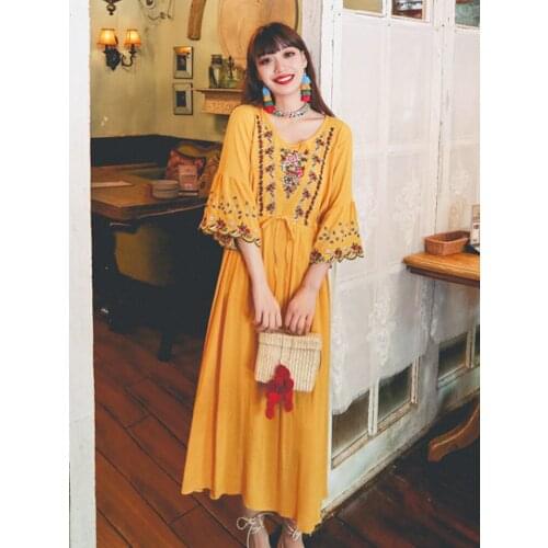 2021 Summer New Womens Ins Net Red Ethnic Style Retro Embroidery Sleeves Drawstring Long Dress Cotton And Linen Dress