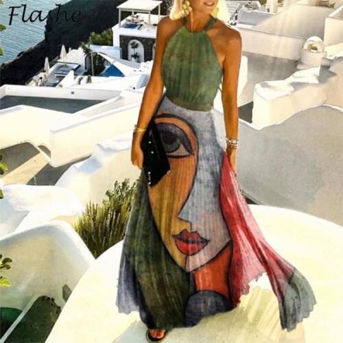 Vintage Print Dres Women Sexy Boho Abstract Face Print Party Dresses For Women Halter Sleeveless A-Line Summer Long Dress 2021