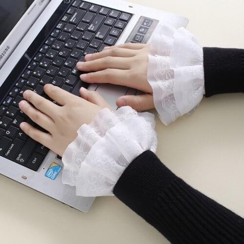 1 Pair Women Chiffon Double Layers Fake Sleeves Lace Floral Pleated Ruffled False Cuffs Female Wrist Warmers Decorative