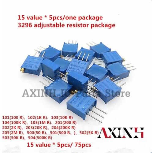 15Values*5pcs 3296W Component Package15 Common Resistance Values Each 5 Potentiometer Package 3296 Adjustable Resistance Packag