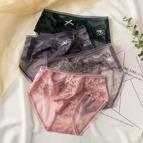 4Pcs/set Women Sexy Lace Panties Seamless Underwear Girls Low Rise Briefs Transparent Sexy 100%Cotton Crotch Breathable Lingerie