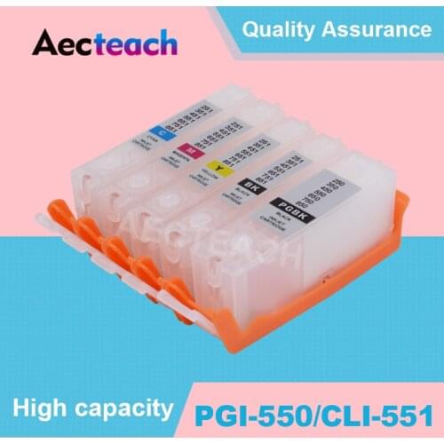 Aecteach 5 Color Empty Ink cartridge for Canon PGI 550 CLI 551 for Canon PIXMA MG5450 MG5550 MG5650 MG6350 MG6450 MG6650 Printer