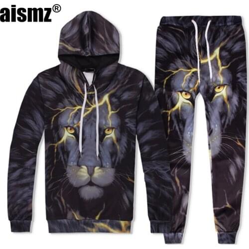 Aismz 2 Piece Set Men Women 3D Tracksuits Print Animal Lightning Lion Fashion Hip Hop Hoodies Hooded+Pants Sweatshirt New Arrive