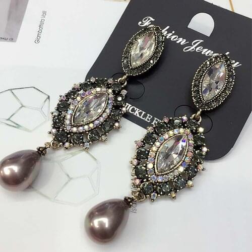 White Glass AB Rhinestone Pearl Fashion Long Earring Women Fashion Jewelry New arrival metal with gems stud for Girls E725