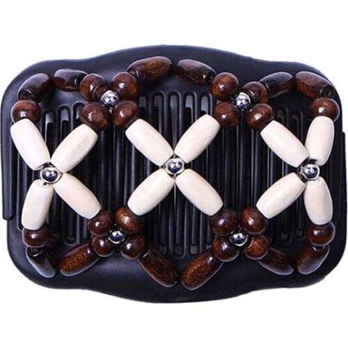 Double Side Hair Comb For Thick Hair Women Vintage Wood Beaded Elastic Hair Accessorie Handmade Jewelry Fashion Smooth Hair Comb