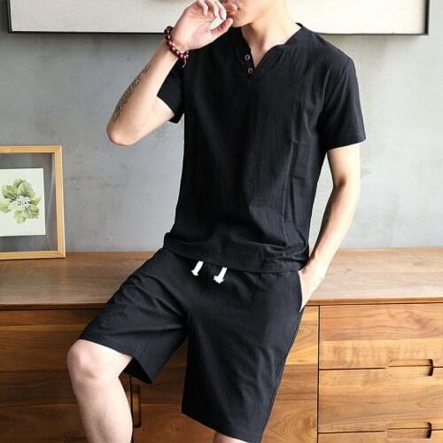 Summer New Mens T-Shirt Two-Piece Cotton and Linen Solid Color V-Neck Thin Short-Sleeved Shorts Set