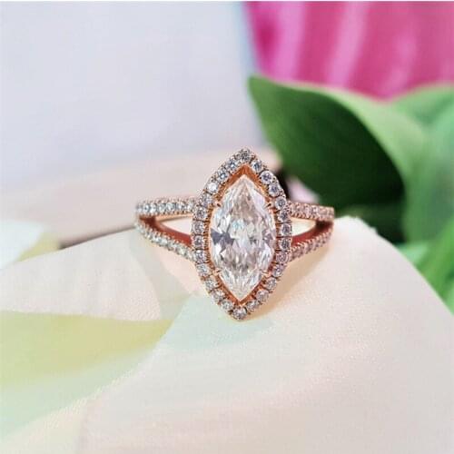 RandH 14K Solid Rose Gold Marquise Cut Moissanite Ring 1.2 Carat Halo Engagement - Wedding Pure Gold Unique for Women Gift
