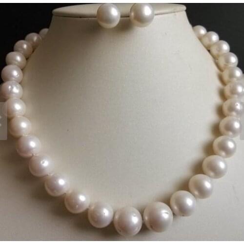 Perfect Pearl Jewelry Set 44.5 Genuine Huge 11-14mm Round White Cultured Freshwater Pearl Neckalce Earrings S925 Silvers Clasp