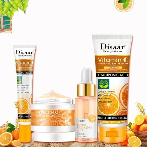 4Pcs Face Skin Care Set Vitamin C Essence Whitening Moisturizing Eye Cream & Face Serum & Facial Cleanser Beauty Makeup Set