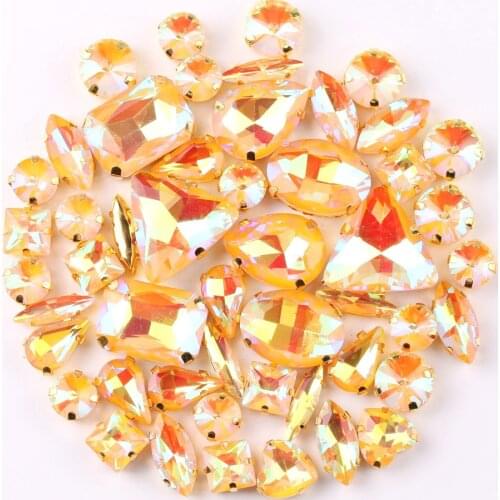 Gold claw setting 50pcs/bag shapes mix jelly candy Topaz AB glass crystal sew on rhinestone wedding dress shoes bags diy