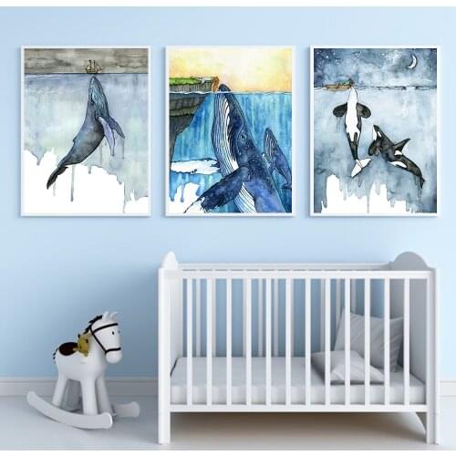 Wall Picture For Kids Bedroom Decor Watercolor Whale Canvas Painting Nursery Humpback Whales Illustration Animal Print Education