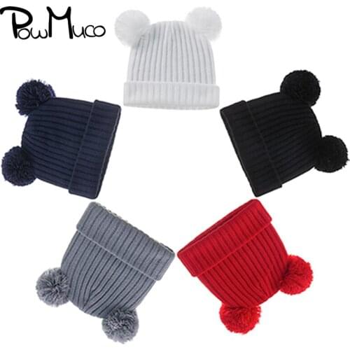 Powmuco 1 PCS Solid Color Knitting Wool Caps with Double Fluffy Ball Fashion Warm Infant Hats Newborn Headwear Christmas Gifts