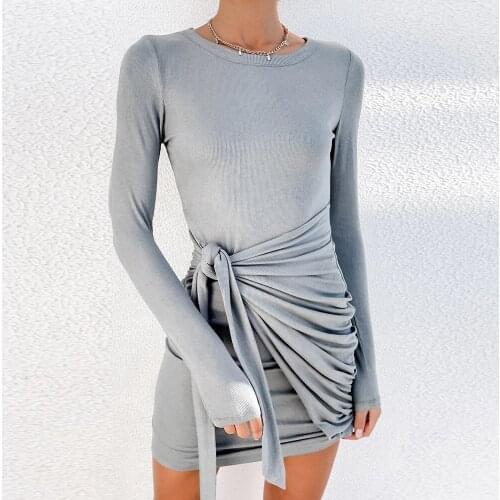 Autumn Fashion Casual Womens Mini Dress Long Sleeve Solid Tie Up Ruched Round Neck Dresses with Sashes Clothes