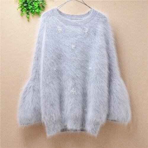 Top mujer women cute angora rabbit fur puff sleeves O-neck mink cashmere soft hairy knitted loose pullover sweater blouses
