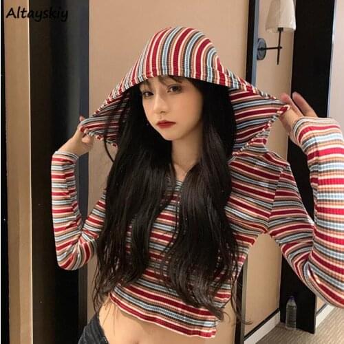 Pullovers Women Striped Slim Hooded Sweater Autumn All-match Cropped Design Stylish Vintage Aesthetic Preppy Classic Ulzzang New