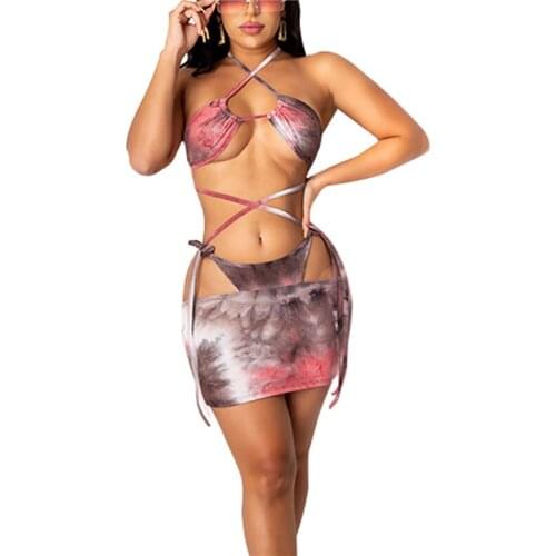 Sexy Womens Tie Dye Lace-up Bikini Low Collar Halter Tops Short Skirt Swimsuit, Classic Bare Midriff Two-pieces Swimming Suit