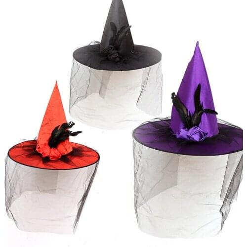 1Pcs Halloween Ball Props Gauze Wizard Hat with Yarn Rose Feather Witch Cap Black Luxury Witch Decoration pokemon 2021