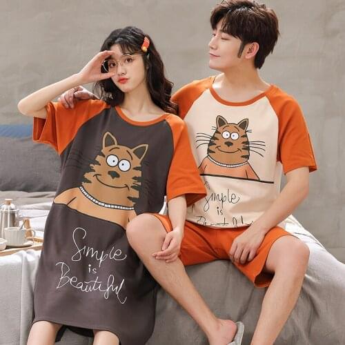 Funny Cartoon Pajamas Sets Cotton Mans And Womens Korean Patchwork Homewear Summer Short Sleeve Shorts Sleepwear For Couple