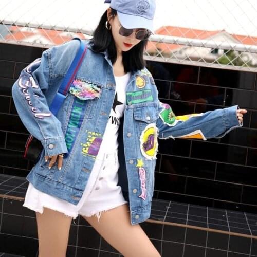 2020 Cartoon Sequins Patchwork Denim Jacket For Women Loose Plus Size Short Jean Coats Hip Hop Streetwear Outerwear Chaquetas