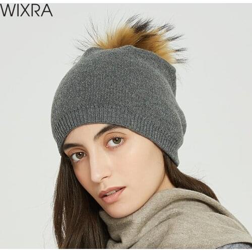 Wixra Mink and Fox Fur Ball Cap Poms Knitted Hat For Women Hat Beanies Cap New Thick Female Casual Cap Autumn Winter