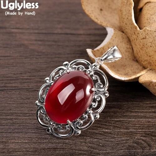 Uglyless Ethnic Vintage Vines Patterns Women Ethnic Pendants Tempting HOT PINK Corundum Necklaces NO Chains 925 Silver Jewelry
