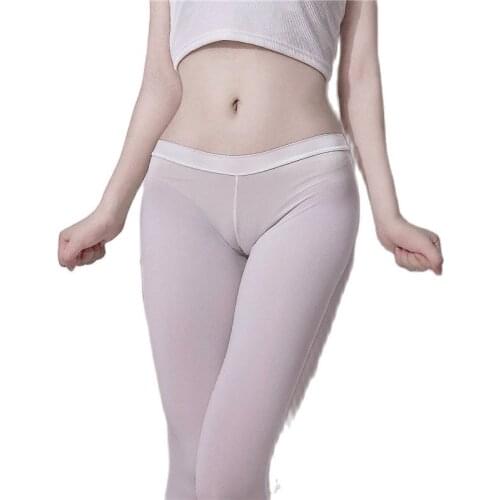Woman Summer Ice Silk Appeal Leggings Transparent Peach Buttock Sexy Shirring Pants Booty Lift Fitness Pantalon Erotic Trousers