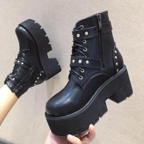 Trendy punk style women motorcycle boots creeper round toe rivets short botas brand lace-up&buckle&zip height increased booties