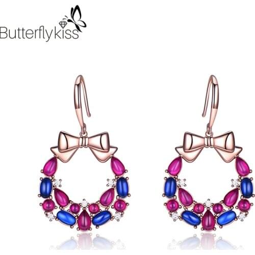 BK Women Bow Knot Colorful Flower Earrings 925 Sterling Silver Multicolor Zircon Gems Unusual Earrings Anniversary Fine Jewelry