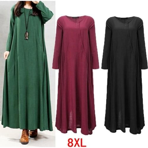 Large size womens dress cotton and linen plus size 5XL 6XL 7XL 8XL summer female round neck long sleeve loose pocket black robe
