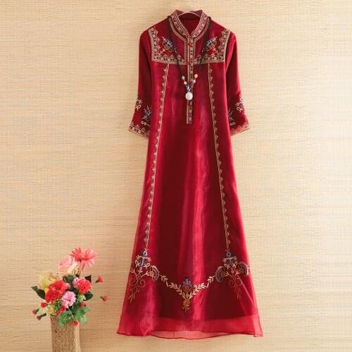 Hi-end Autumn 2020 Women Organza Cheongsam Dress Embroidery Loose Elegant Lady Chinese Style A-line Party Qiapo Dress S-XXL