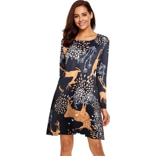 Plus Size 2020 New Autumn Christmas Deer Print Dress Women Casual Long Sleeve Cute Snowman Dresses Loose Black Mini Dress 5XL