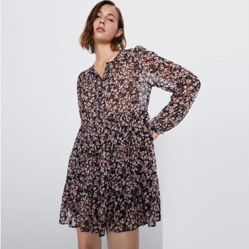 Long Sleeve Print Chiffon Dress Women Spring Summer Puff Sleeve Elegant Mini Dresses Woman Dress Streetwear
