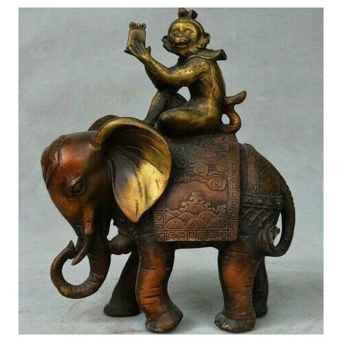 8" Rare Chinese Folk Bronze Copper Fengshui Wealth Animal Monkey Elephant Statue