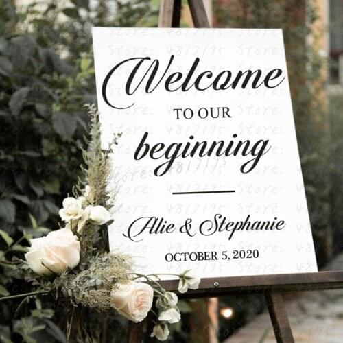 Welcome To Our Beginning Vinyl Decal Wedding Welcome Sign Board Sticker Wedding Décor Personalized Names Date Mural AZ964
