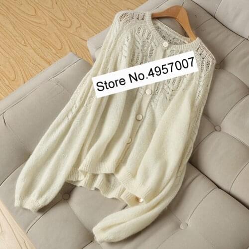 Elfbop Ladies Mohair & Wool Knitted Hollow Out Patchwork Cardigan Top - Women White/Camel/Grey/Blue/Green Knitting Sweater