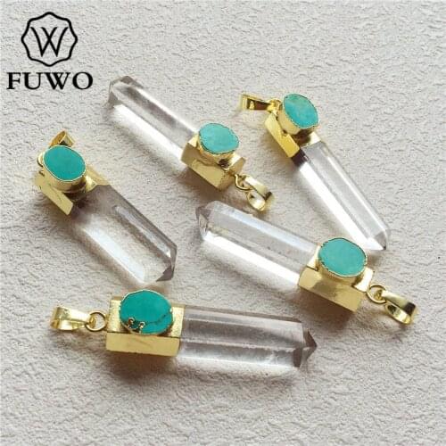 FUWO Polished Crystal Pillars Pendant With 24K Gold Electroplated Real Crystal Quartz Turquoises Charm Pendant Wholesale PD212