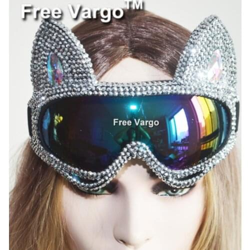 Holographic Rhinestone Silver Cat Burning Man Goggle Festival Mask Costume Headpiece Cyber Goggles Stage Dj EDM EDC Rave Costume