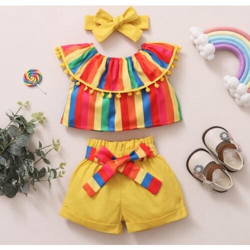 3 Piece Set Baby Girl Rainbow Clothes Children Kids Girls Summer Clothes Sleeveless T Shirts Shorts Cute Tops Shorts Hair Band