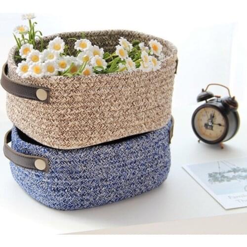 Storage basket, household goods, cotton thread weaving, finishing basket, leather handle, cotton rope storage box