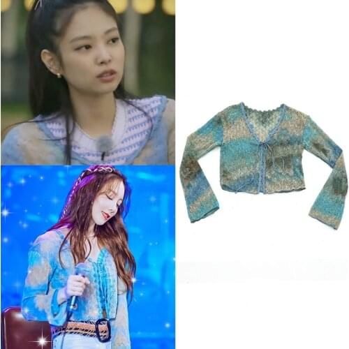Kpop Korean Celebrity Color knitted Sexy Short Cardigan Sweater Women Early Summer New Retro Blue Lace-Up V-neck Slim Sweaters