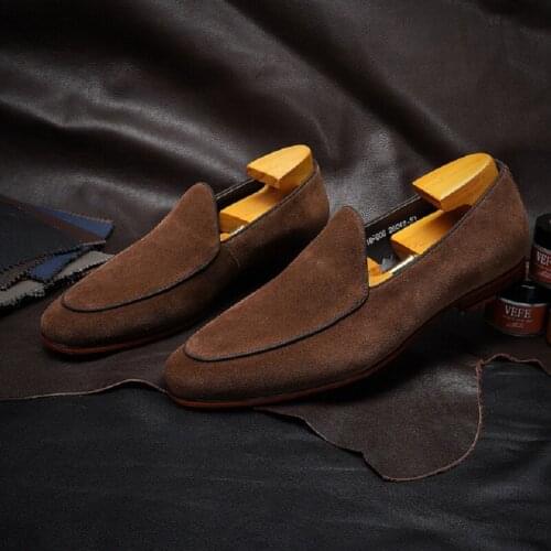 Korean Style New Retro Handmade Sewing Cow Suede Genuine Leather Slip-On Round Toe Men Casual Loafer Shoes 20200728