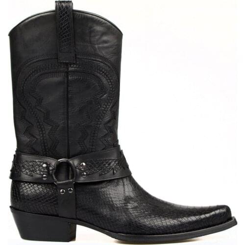 FootCourt- Black Genuine Leather Mens Cowboy Boots Pointed Toe Buckle Mid Calf Boots Snake Printed Leather Best Classic Handmade