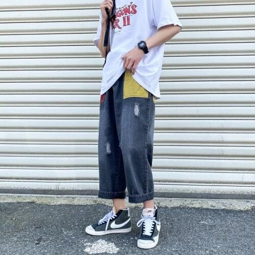 2020 Mens Leisure Baggy Homme Casual Pants Cargo Pocket Holes Wash Jeans Black/blue Color Tide Biker Denim Trousers Size M-5XL