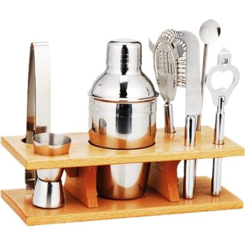 Cocaktail kit 8 pcs stainless steel Cocktail Shaker set with Wooden Stand for Bar Party or Household