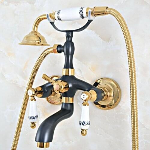 Black Gold Color Brass Wall Mount Bathtub Bathroom Faucet Telephone Style Mixer Faucet Tap with Dual Handle Handshower zna442